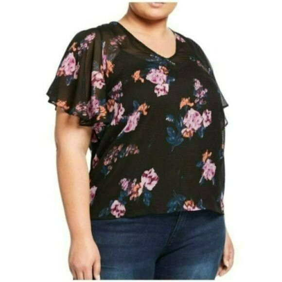 New! RACHEL Rachel Roy Women's Plus Flutter Sleeves Floral Print Blouse Top - Picture 1 of 9